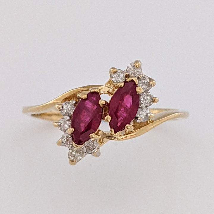 14K RUBY MARQUISE (2) 3X6 WITH (10) MELEE BYPASS ESTATE RING 2.2 GRAMS