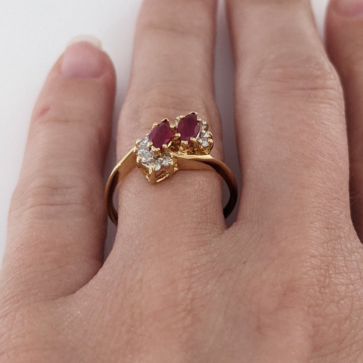 14K RUBY MARQUISE (2) 3X6 WITH (10) MELEE BYPASS ESTATE RING 2.2 GRAMS