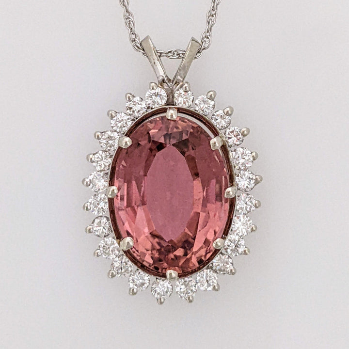 14K WHITE PINK TOURMALINE OVAL 10X15 WITH .60 DIAMOND TOTAL WEIGHT (24) ROUND ESTATE PENDANT & CHAIN 4.9 GRAMS