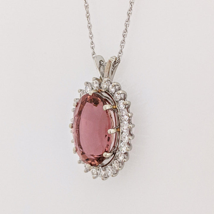 14K WHITE PINK TOURMALINE OVAL 10X15 WITH .60 DIAMOND TOTAL WEIGHT (24) ROUND ESTATE PENDANT & CHAIN 4.9 GRAMS