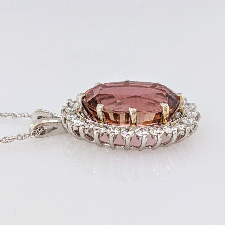 14K WHITE PINK TOURMALINE OVAL 10X15 WITH .60 DIAMOND TOTAL WEIGHT (24) ROUND ESTATE PENDANT & CHAIN 4.9 GRAMS