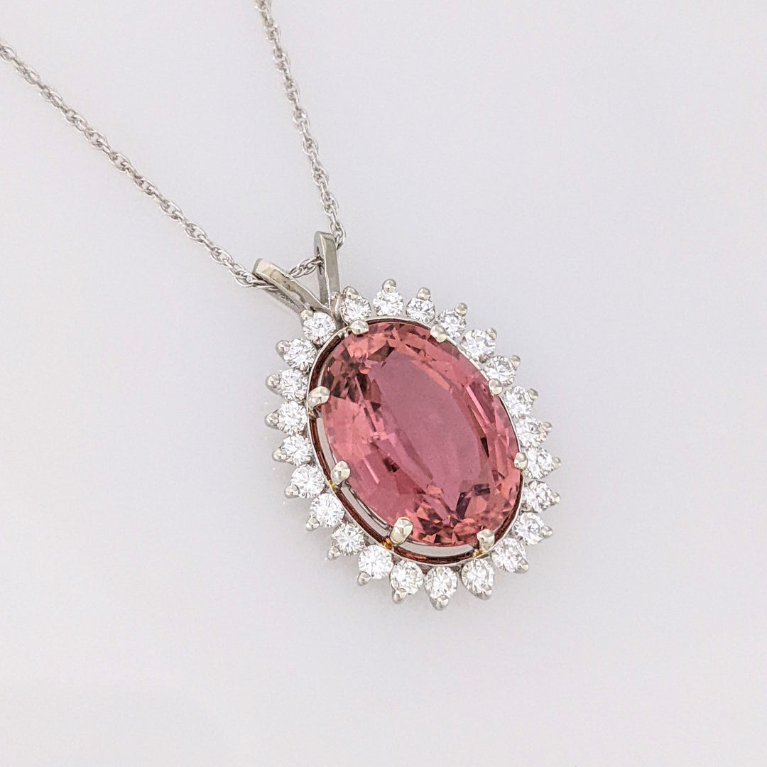 14K WHITE PINK TOURMALINE OVAL 10X15 WITH .60 DIAMOND TOTAL WEIGHT (24) ROUND ESTATE PENDANT & CHAIN 4.9 GRAMS