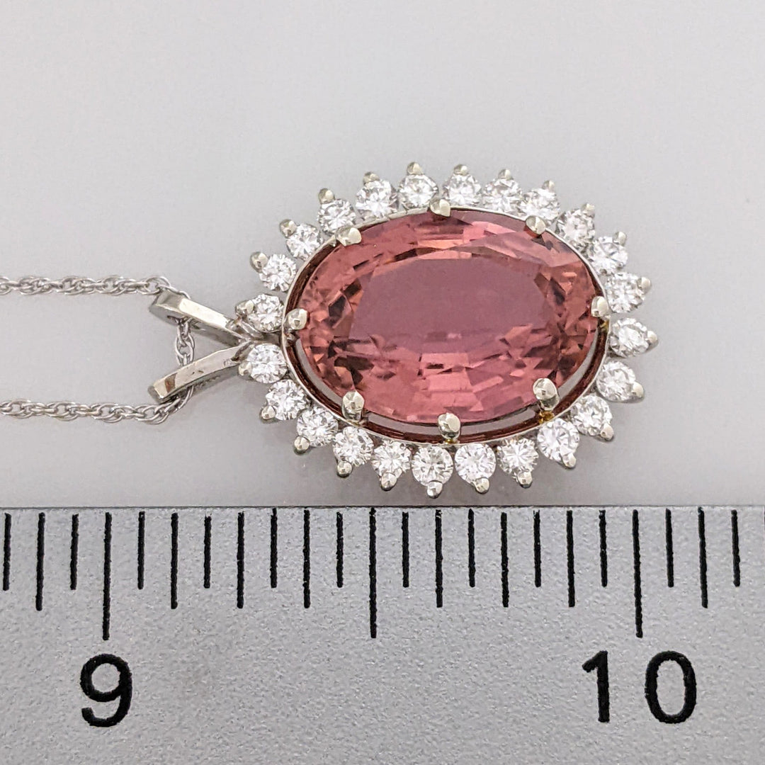 14K WHITE PINK TOURMALINE OVAL 10X15 WITH .60 DIAMOND TOTAL WEIGHT (24) ROUND ESTATE PENDANT & CHAIN 4.9 GRAMS