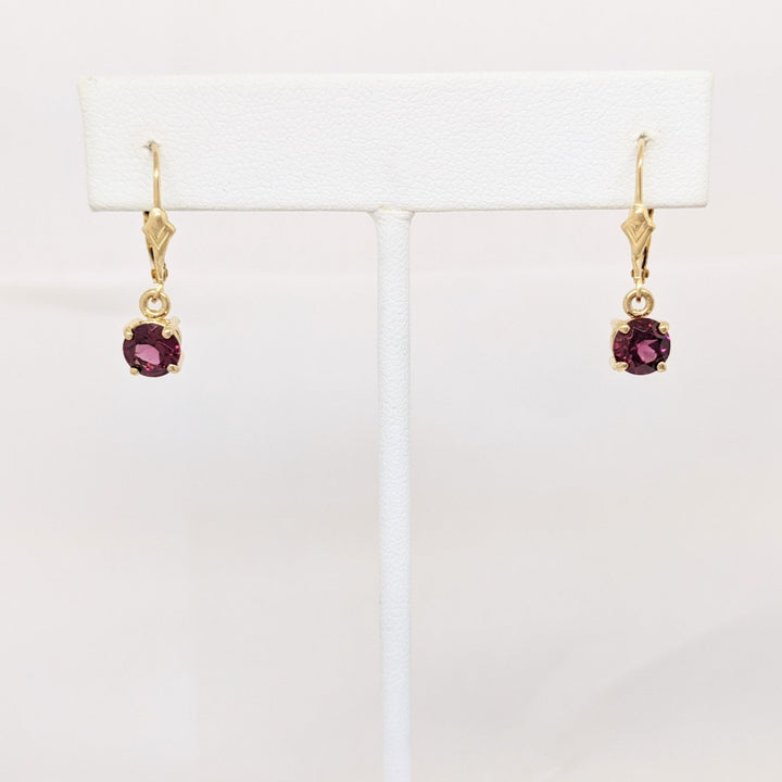 14K RHODOLITE GARNET ROUND 6MM LEVERBACK ESTATE EARRINGS 2.0 GRAMS