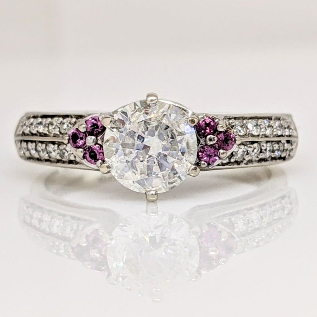 14K WHITE 1.15 CARAT TOTAL WEIGHT I3 I DIAMOND ROUND (21) WITH (6) PINK TOURMALINE ESTATE RING 4.9 GRAMS