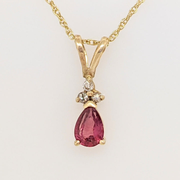 14K RUBY PEAR 4X6 WITH (3) MELEE ESTATE PENDANT & CHAIN 1.7 GRAMS