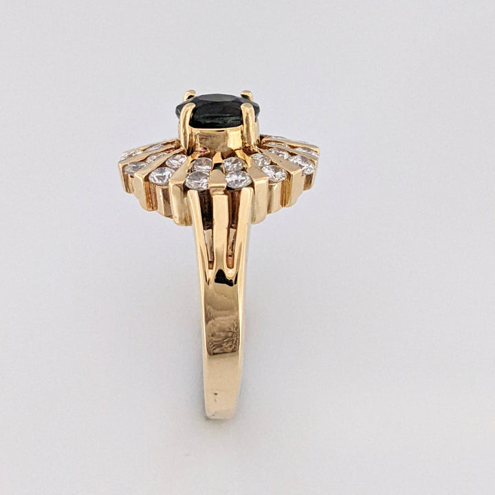14K SAPPHIRE OVAL 5X6.4MM WITH .70 DIAMOND TOTAL WEIGHT (28) ROUND CLUSTER ESTATE RING 6.8 GRAMS