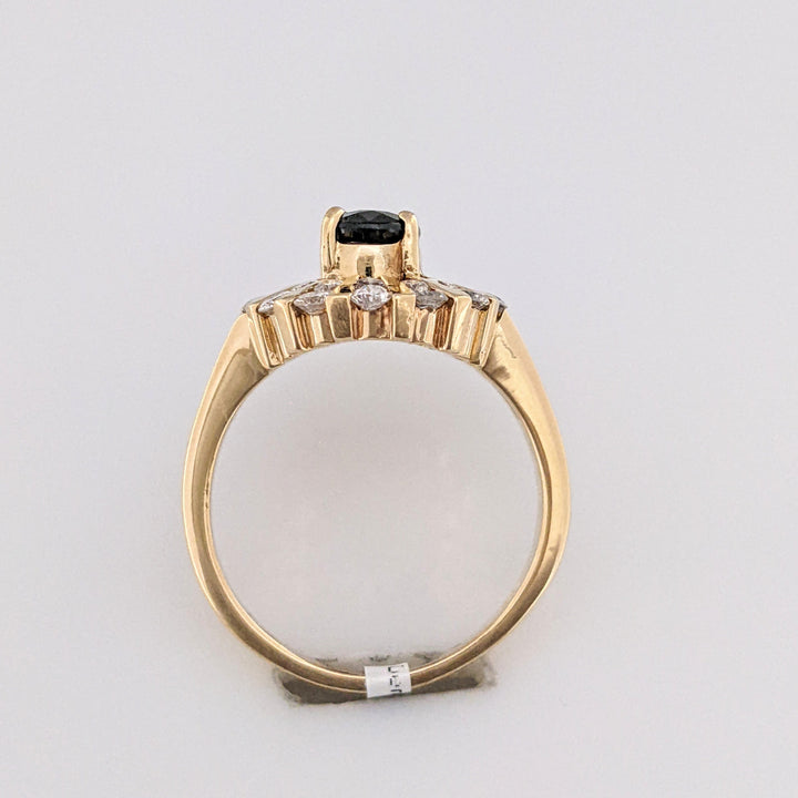 14K SAPPHIRE OVAL 5X6.4MM WITH .70 DIAMOND TOTAL WEIGHT (28) ROUND CLUSTER ESTATE RING 6.8 GRAMS