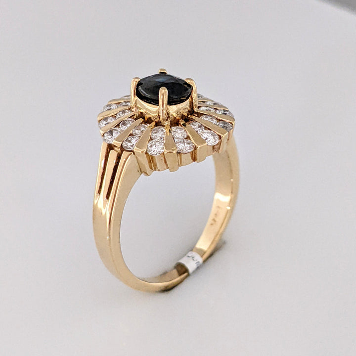 14K SAPPHIRE OVAL 5X6.4MM WITH .70 DIAMOND TOTAL WEIGHT (28) ROUND CLUSTER ESTATE RING 6.8 GRAMS