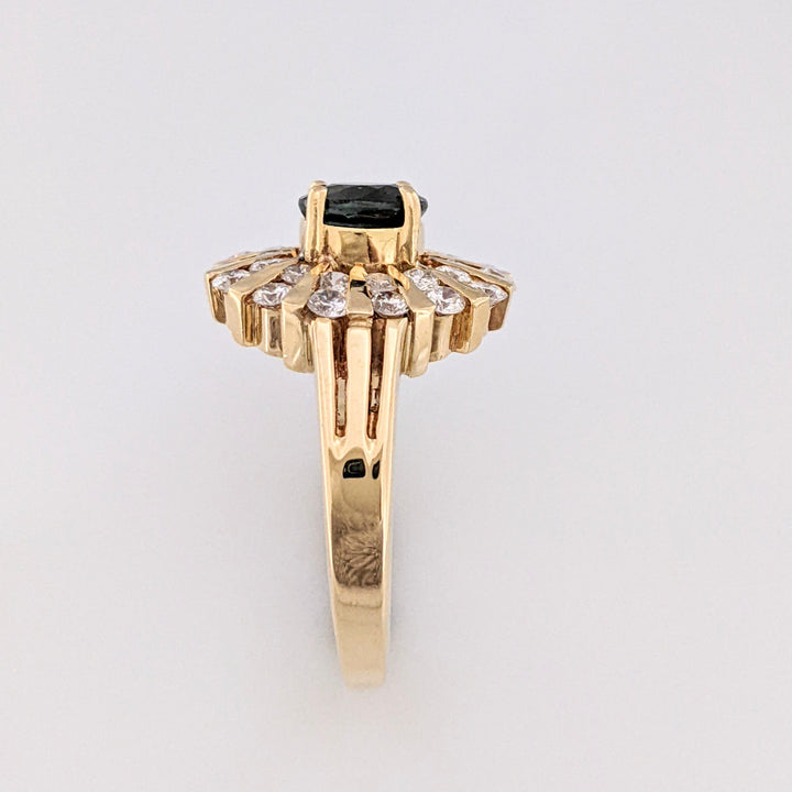 14K SAPPHIRE OVAL 5X6.4MM WITH .70 DIAMOND TOTAL WEIGHT (28) ROUND CLUSTER ESTATE RING 6.8 GRAMS