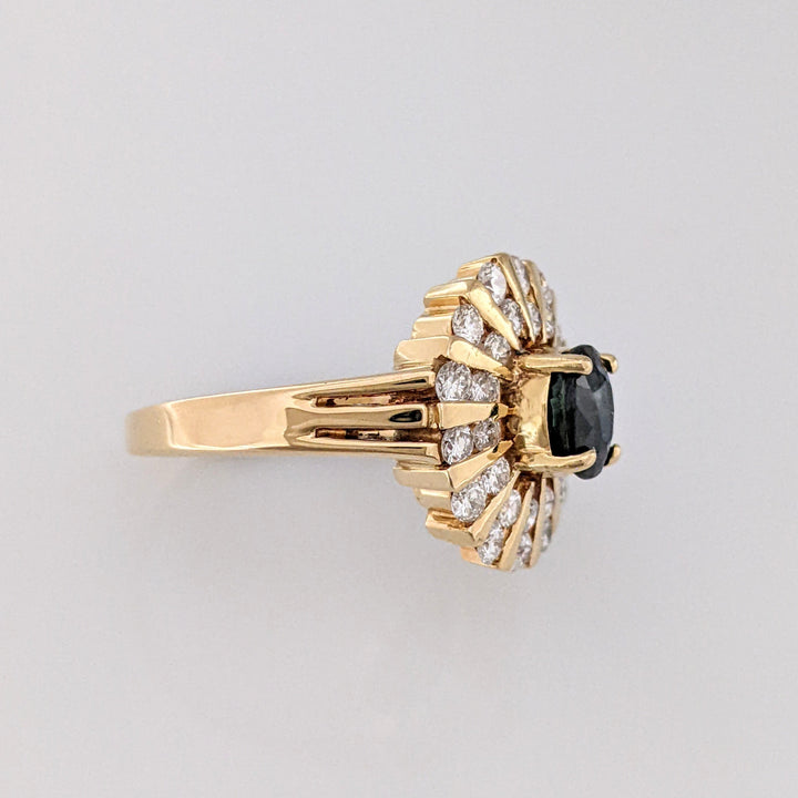 14K SAPPHIRE OVAL 5X6.4MM WITH .70 DIAMOND TOTAL WEIGHT (28) ROUND CLUSTER ESTATE RING 6.8 GRAMS