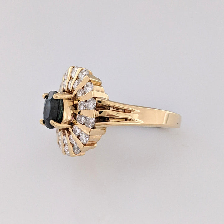 14K SAPPHIRE OVAL 5X6.4MM WITH .70 DIAMOND TOTAL WEIGHT (28) ROUND CLUSTER ESTATE RING 6.8 GRAMS