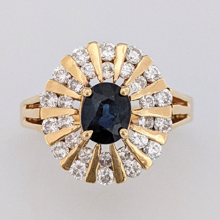14K SAPPHIRE OVAL 5X6.4MM WITH .70 DIAMOND TOTAL WEIGHT (28) ROUND CLUSTER ESTATE RING 6.8 GRAMS
