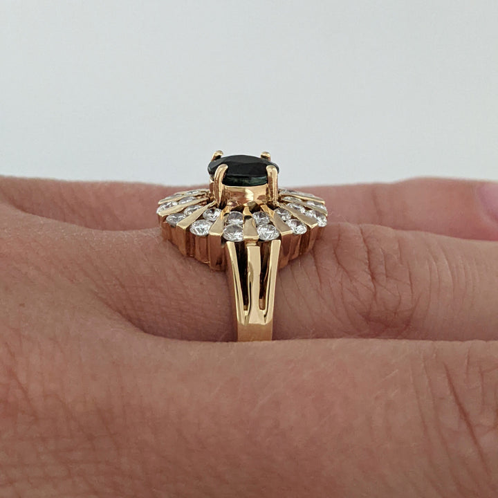 14K SAPPHIRE OVAL 5X6.4MM WITH .70 DIAMOND TOTAL WEIGHT (28) ROUND CLUSTER ESTATE RING 6.8 GRAMS