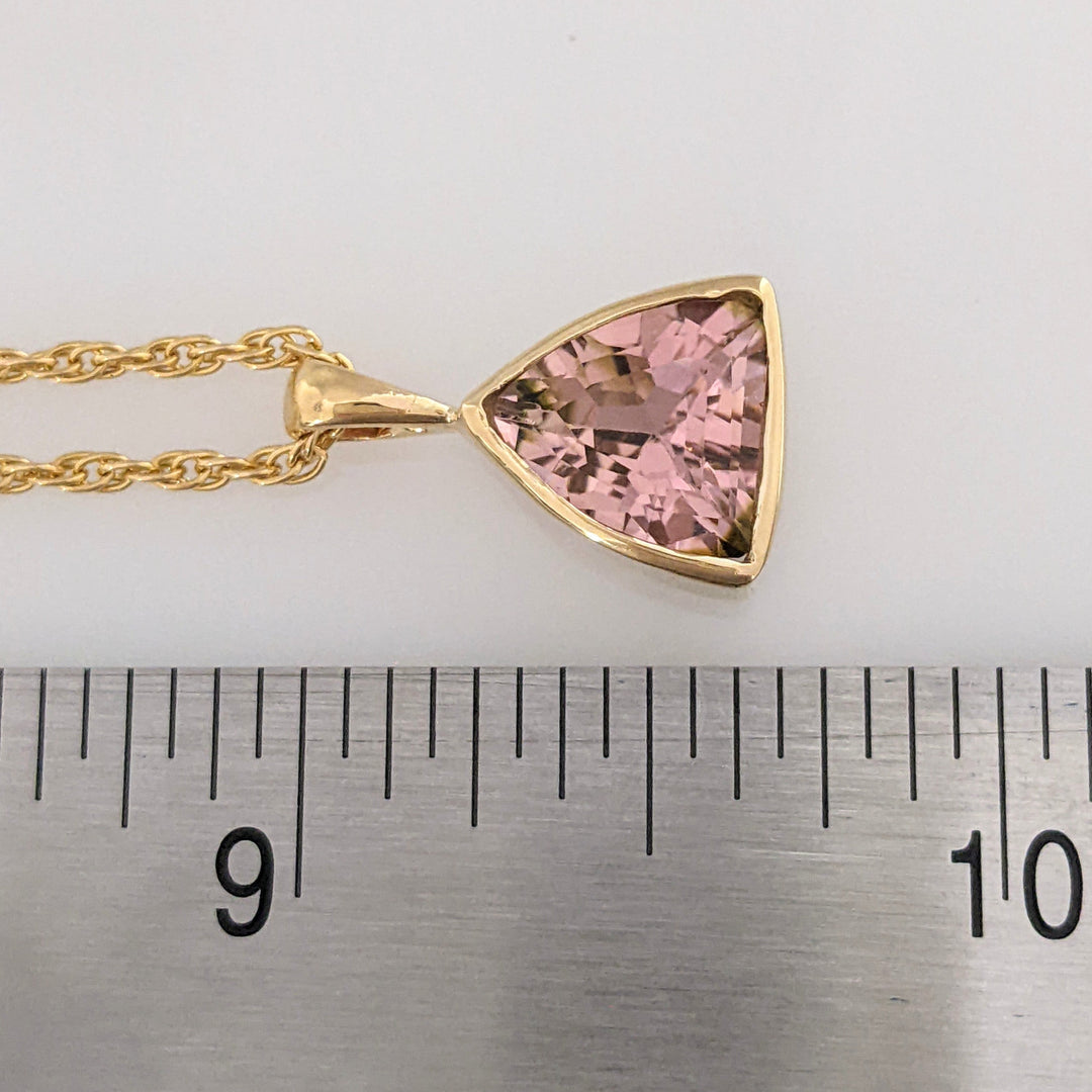 14K PINK TOURMALINE TRILLION 10MM BEZEL ESTATE PENDANT & CHAIN 6.4 GRAMS