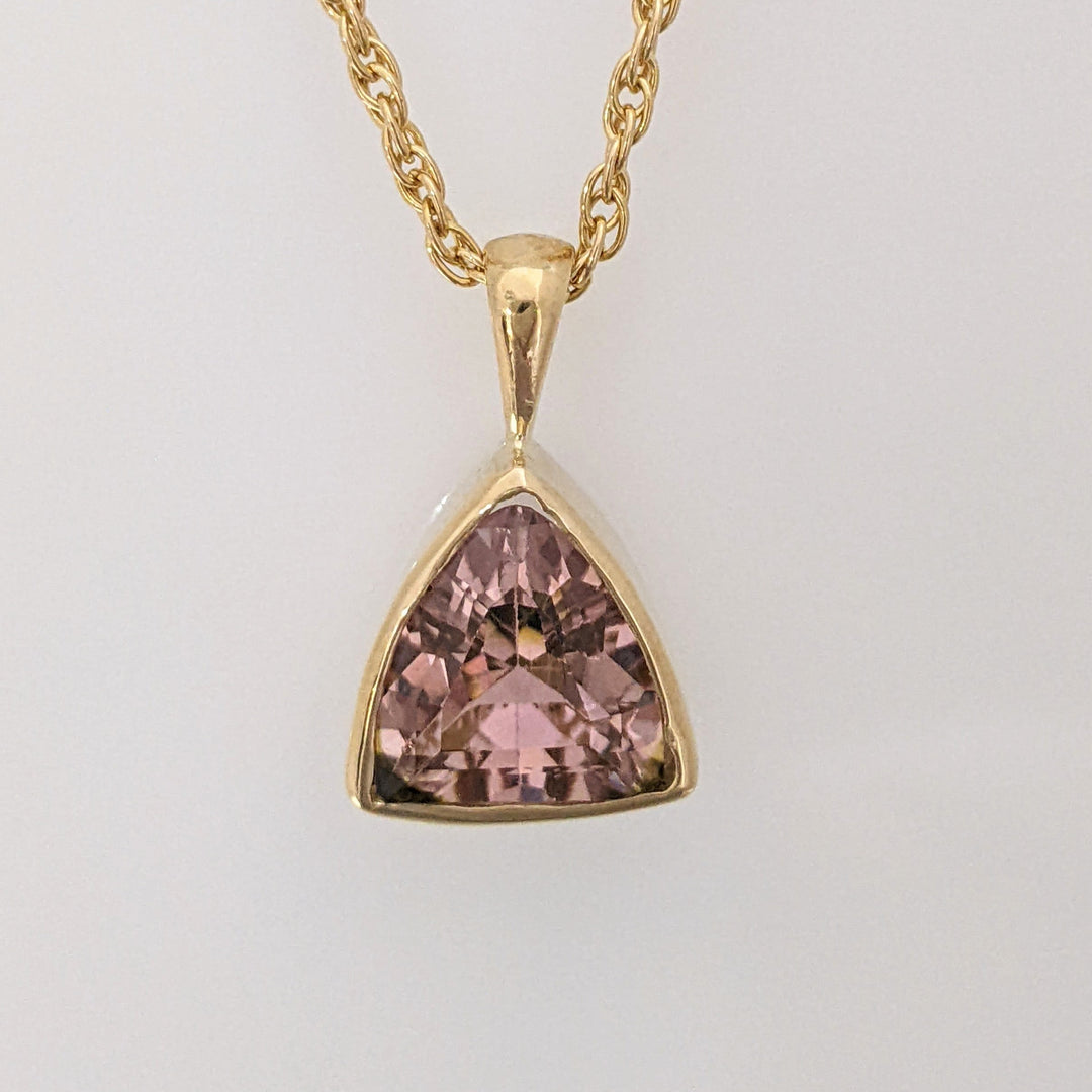 14K PINK TOURMALINE TRILLION 10MM BEZEL ESTATE PENDANT & CHAIN 6.4 GRAMS