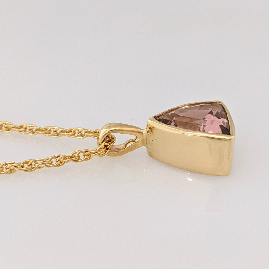 14K PINK TOURMALINE TRILLION 10MM BEZEL ESTATE PENDANT & CHAIN 6.4 GRAMS