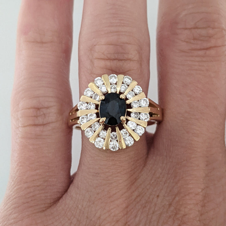 14K SAPPHIRE OVAL 5X6.4MM WITH .70 DIAMOND TOTAL WEIGHT (28) ROUND CLUSTER ESTATE RING 6.8 GRAMS