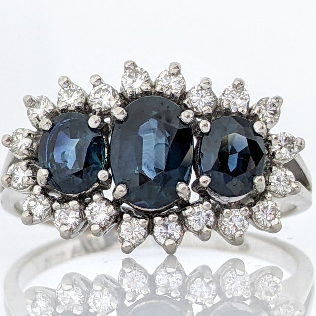 18K WHITE SAPPHIRE OVAL (1) 5X7 (2) 4X5 WITH .40 DIAMOND TOTAL WEIGHT ESTATE RING 4.8 GRAMS