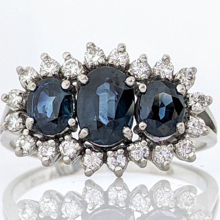 18K WHITE SAPPHIRE OVAL (1) 5X7 (2) 4X5 WITH .40 DIAMOND TOTAL WEIGHT ESTATE RING 4.8 GRAMS