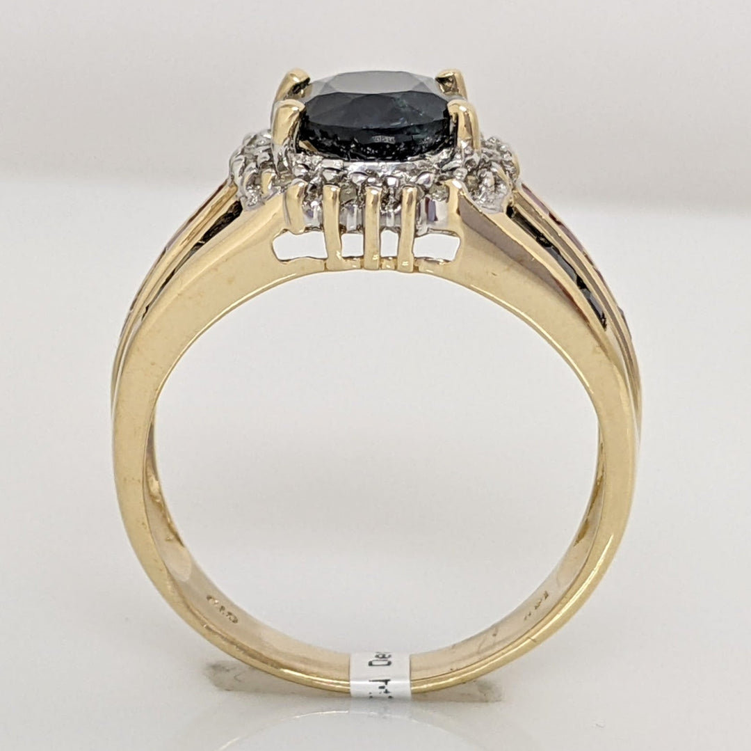 14K SAPPHIRE OVAL 7X9 WITH PRINCESS CUT (6) EMERALD (8) RUBY (6) SAPPHIRE ESTATE RING 4.8 GRAMS