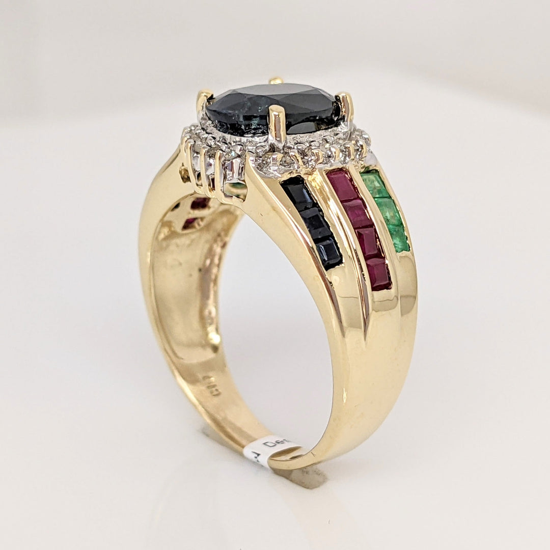 14K SAPPHIRE OVAL 7X9 WITH PRINCESS CUT (6) EMERALD (8) RUBY (6) SAPPHIRE ESTATE RING 4.8 GRAMS