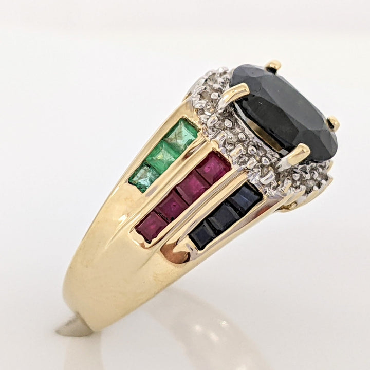14K SAPPHIRE OVAL 7X9 WITH PRINCESS CUT (6) EMERALD (8) RUBY (6) SAPPHIRE ESTATE RING 4.8 GRAMS