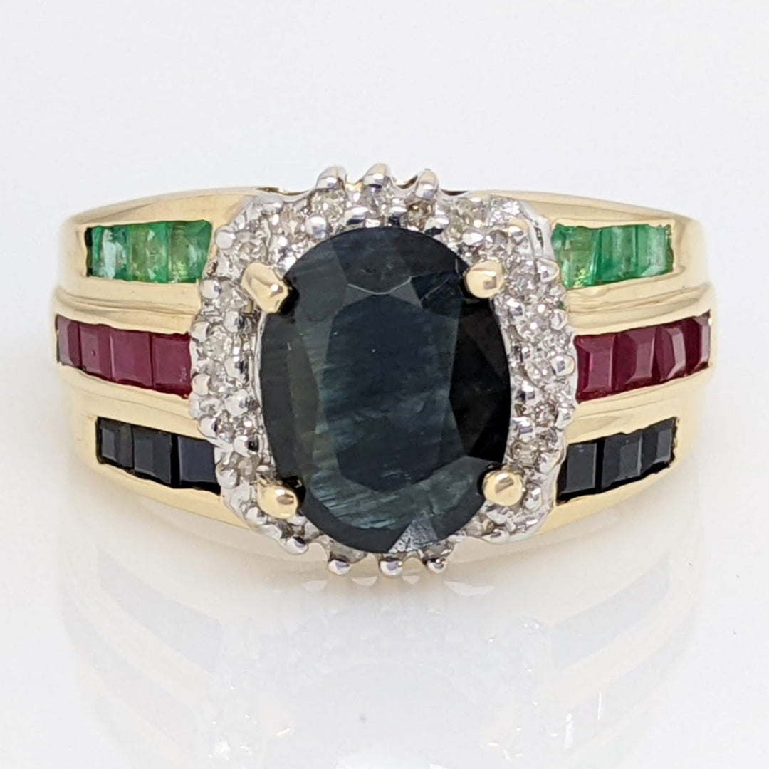 14K SAPPHIRE OVAL 7X9 WITH PRINCESS CUT (6) EMERALD (8) RUBY (6) SAPPHIRE ESTATE RING 4.8 GRAMS