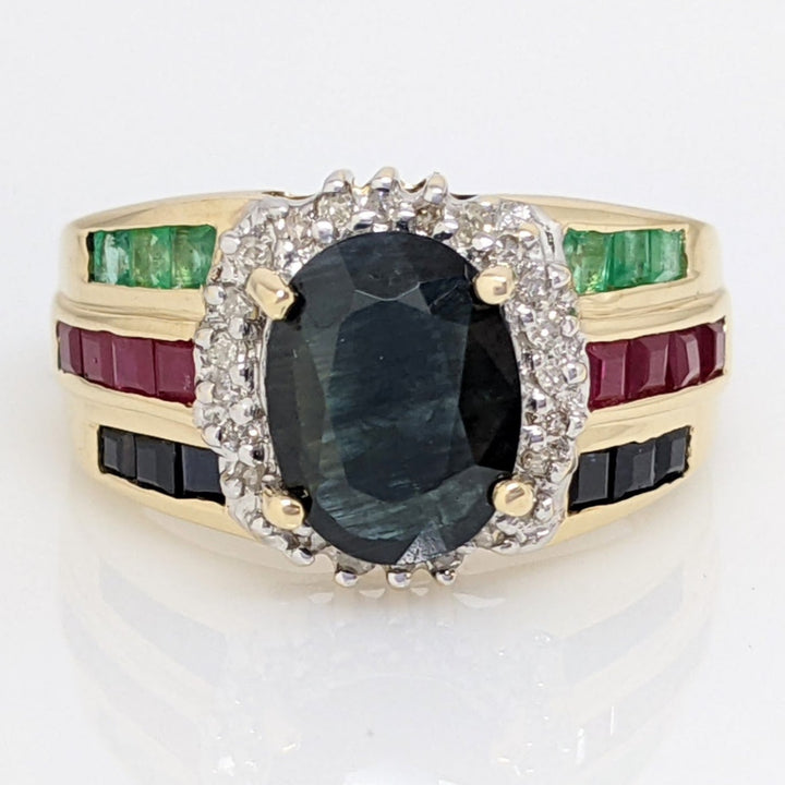14K SAPPHIRE OVAL 7X9 WITH PRINCESS CUT (6) EMERALD (8) RUBY (6) SAPPHIRE ESTATE RING 4.8 GRAMS