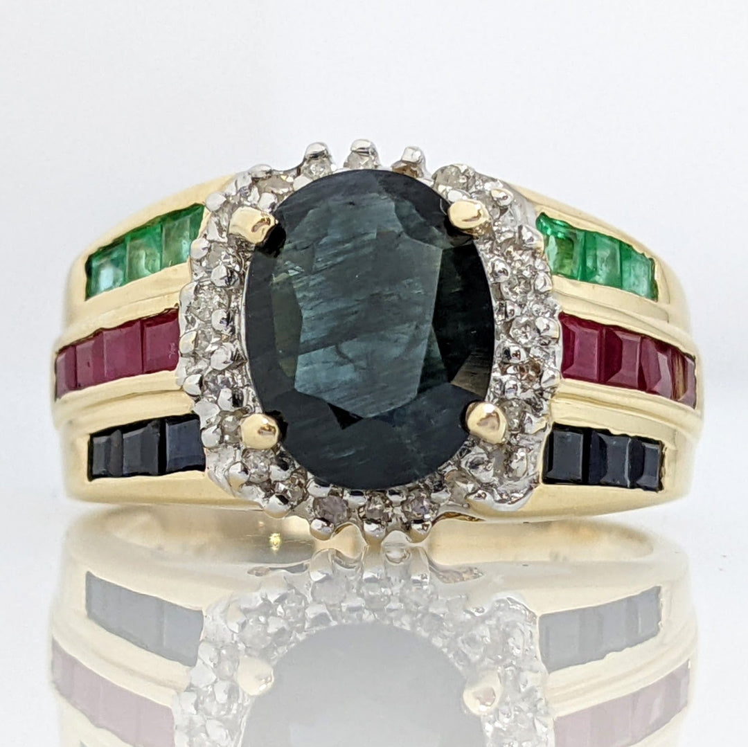 14K SAPPHIRE OVAL 7X9 WITH PRINCESS CUT (6) EMERALD (8) RUBY (6) SAPPHIRE ESTATE RING 4.8 GRAMS
