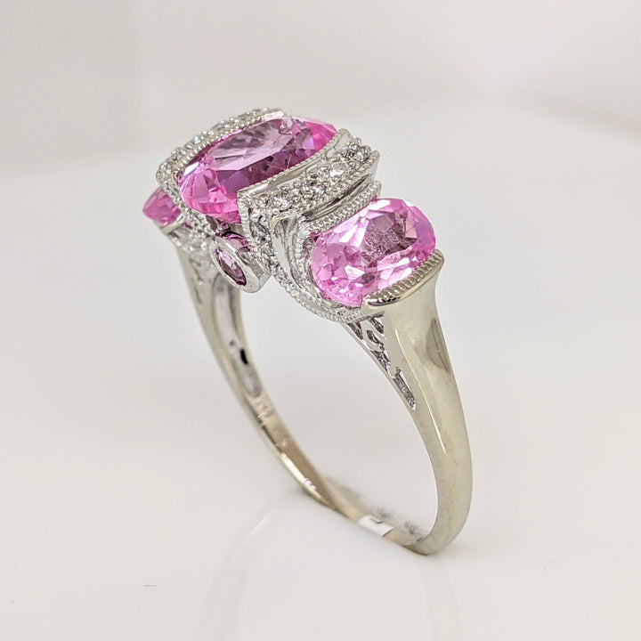 14K WHITE LAB-CREATED PINK SAPPHIRE OVAL (3) WTH .20 DIAMOND TOTAL WEIGHT HALF BEZEL ESTATE RING 4.2 GRAMS