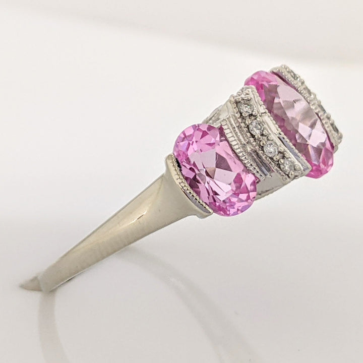 14K WHITE LAB-CREATED PINK SAPPHIRE OVAL (3) WTH .20 DIAMOND TOTAL WEIGHT HALF BEZEL ESTATE RING 4.2 GRAMS
