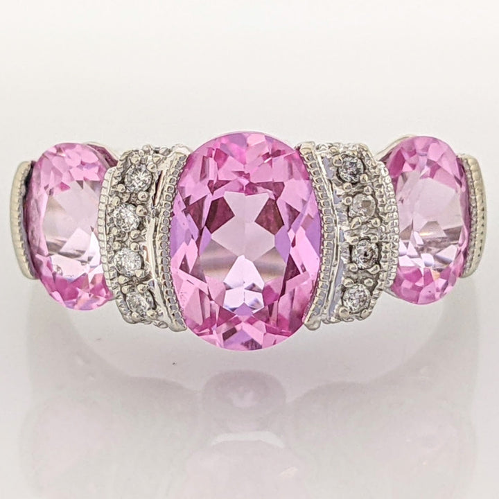 14K WHITE LAB-CREATED PINK SAPPHIRE OVAL (3) WTH .20 DIAMOND TOTAL WEIGHT HALF BEZEL ESTATE RING 4.2 GRAMS