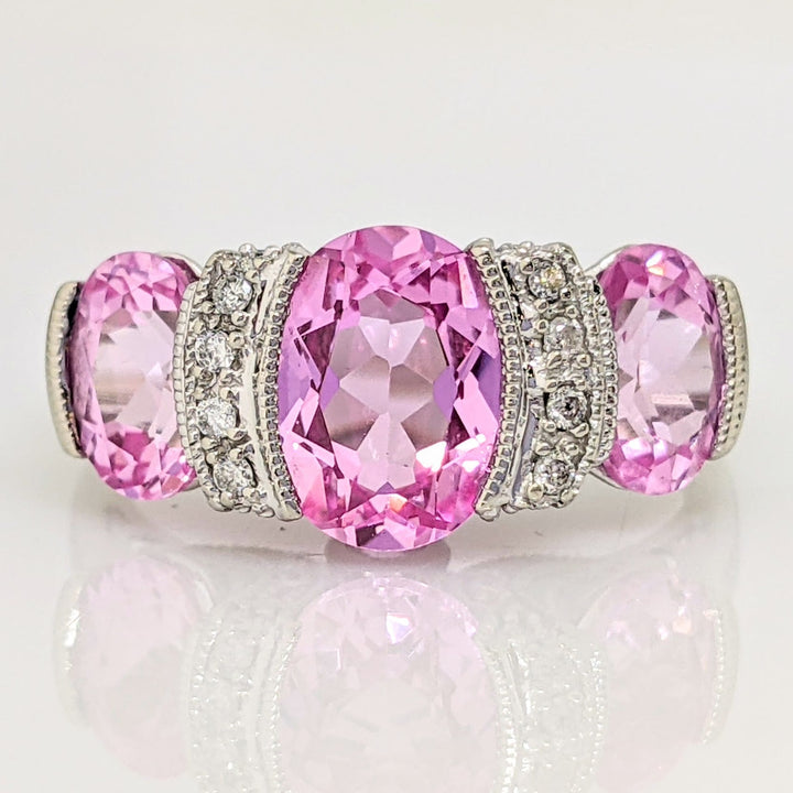 14K WHITE LAB-CREATED PINK SAPPHIRE OVAL (3) WTH .20 DIAMOND TOTAL WEIGHT HALF BEZEL ESTATE RING 4.2 GRAMS