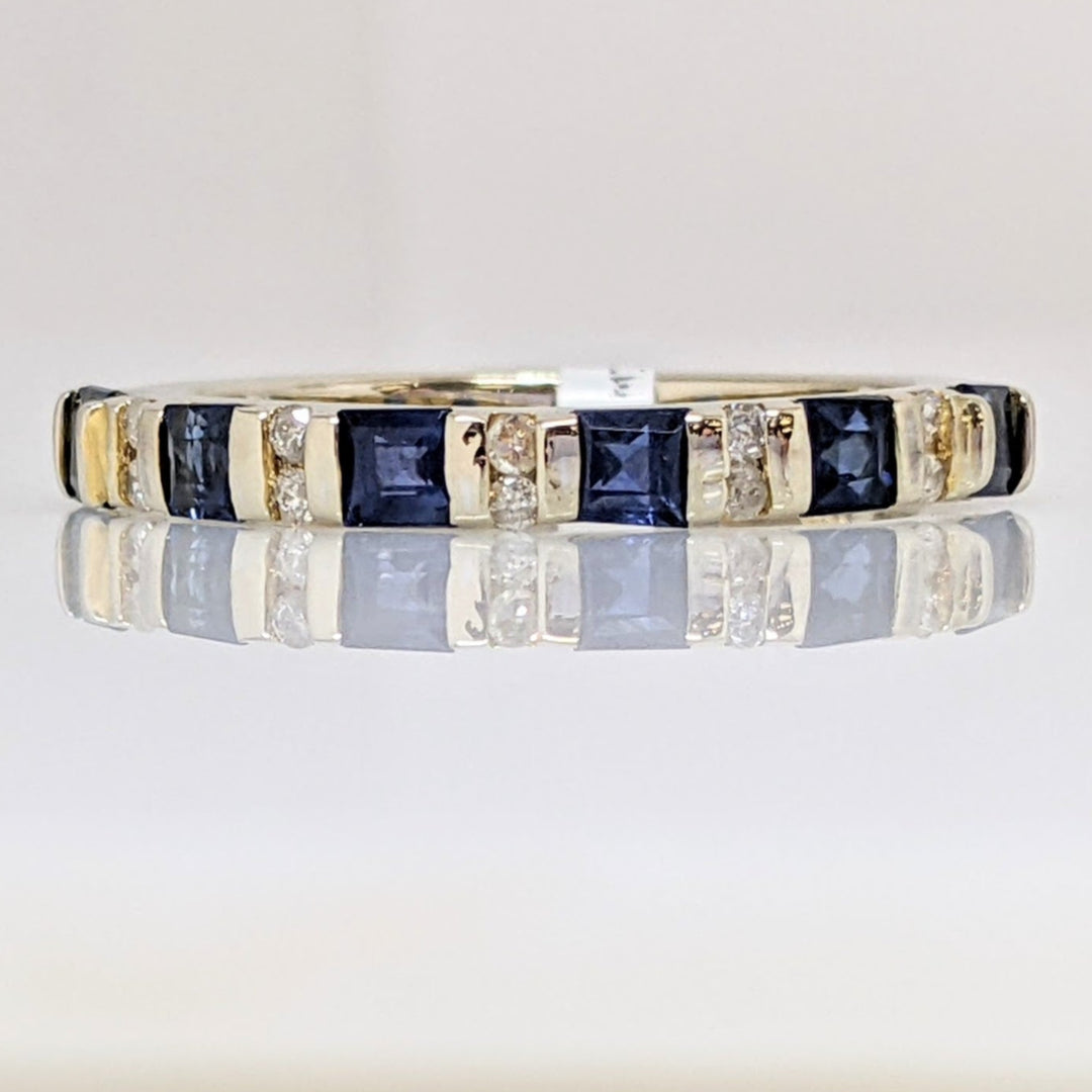 14K WHITE SAPPHIRE PRINCESS CUT 2.5MM (6) WITH .10 DIAMOND TOTAL WEIGHT ESTATE BAND 2.5 GRAMS