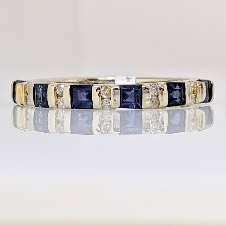 14K WHITE SAPPHIRE PRINCESS CUT 2.5MM (6) WITH .10 DIAMOND TOTAL WEIGHT ESTATE BAND 2.5 GRAMS