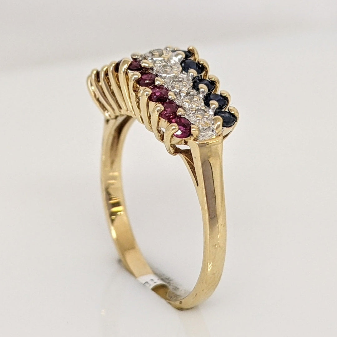 14K RUBY (9) SAPPHIRE (9) DIAMOND (9) 3-ROW ESTATE RING 2.7 GRAMS