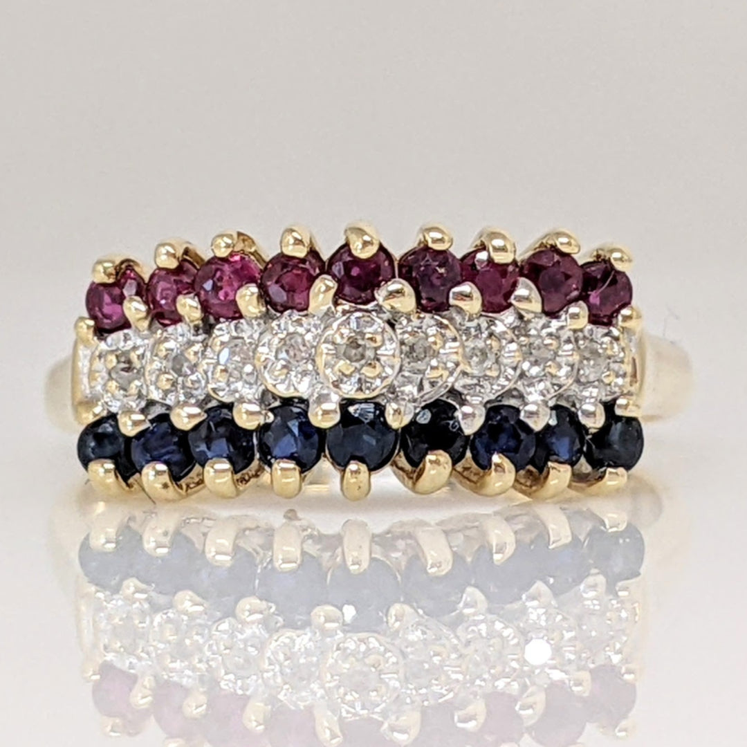 14K RUBY (9) SAPPHIRE (9) DIAMOND (9) 3-ROW ESTATE RING 2.7 GRAMS