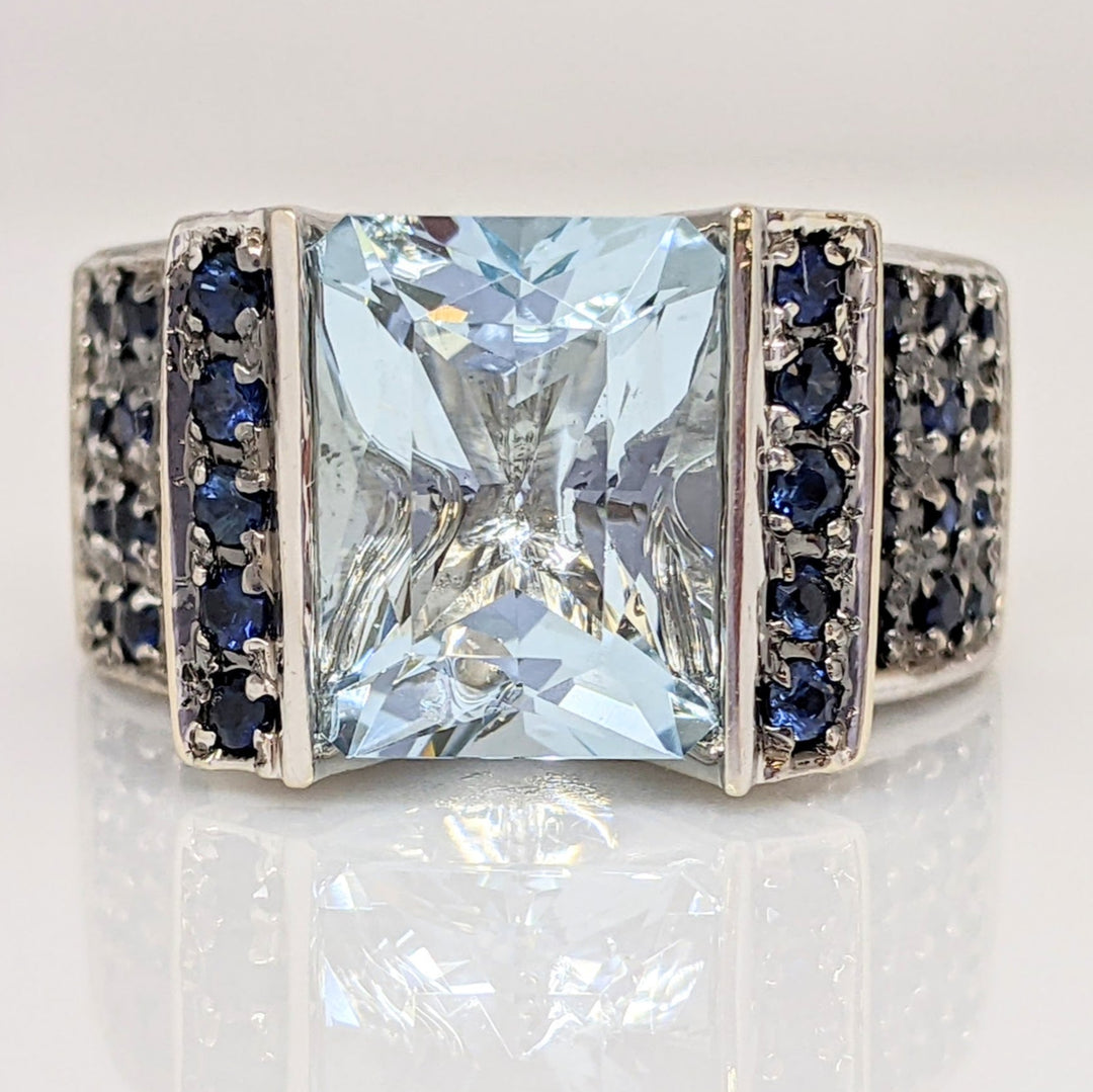 14K WHITE LAB-CREATED AQUAMARINE CUSHION CUT 10X12 WITH (92) LONDON BLUE TOPAZ ESTATE RING 14.6 GRAMS