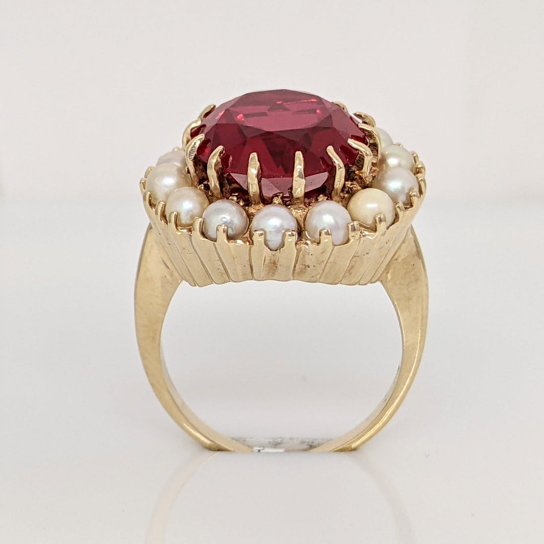 14K SYNTHETIC RUBY ROUND 12MM WITH (14) CULTURED PEARLS ESTATE RING 8.5 GRAMS