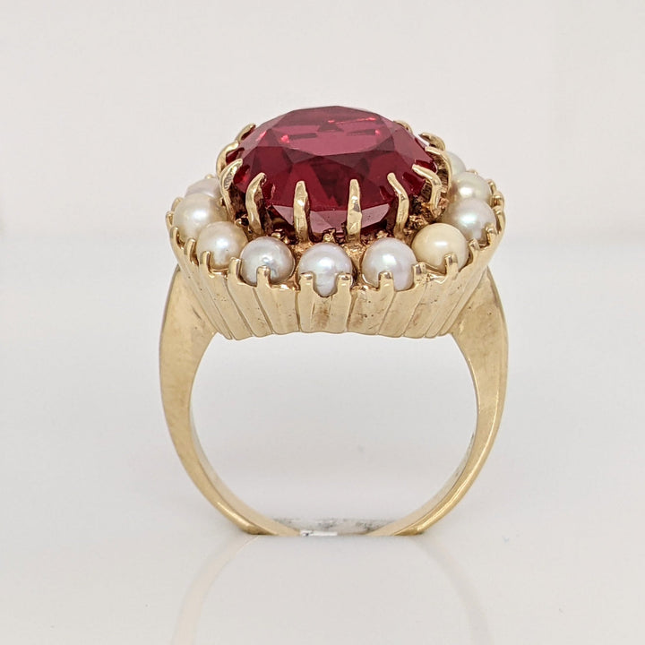 14K SYNTHETIC RUBY ROUND 12MM WITH (14) CULTURED PEARLS ESTATE RING 8.5 GRAMS
