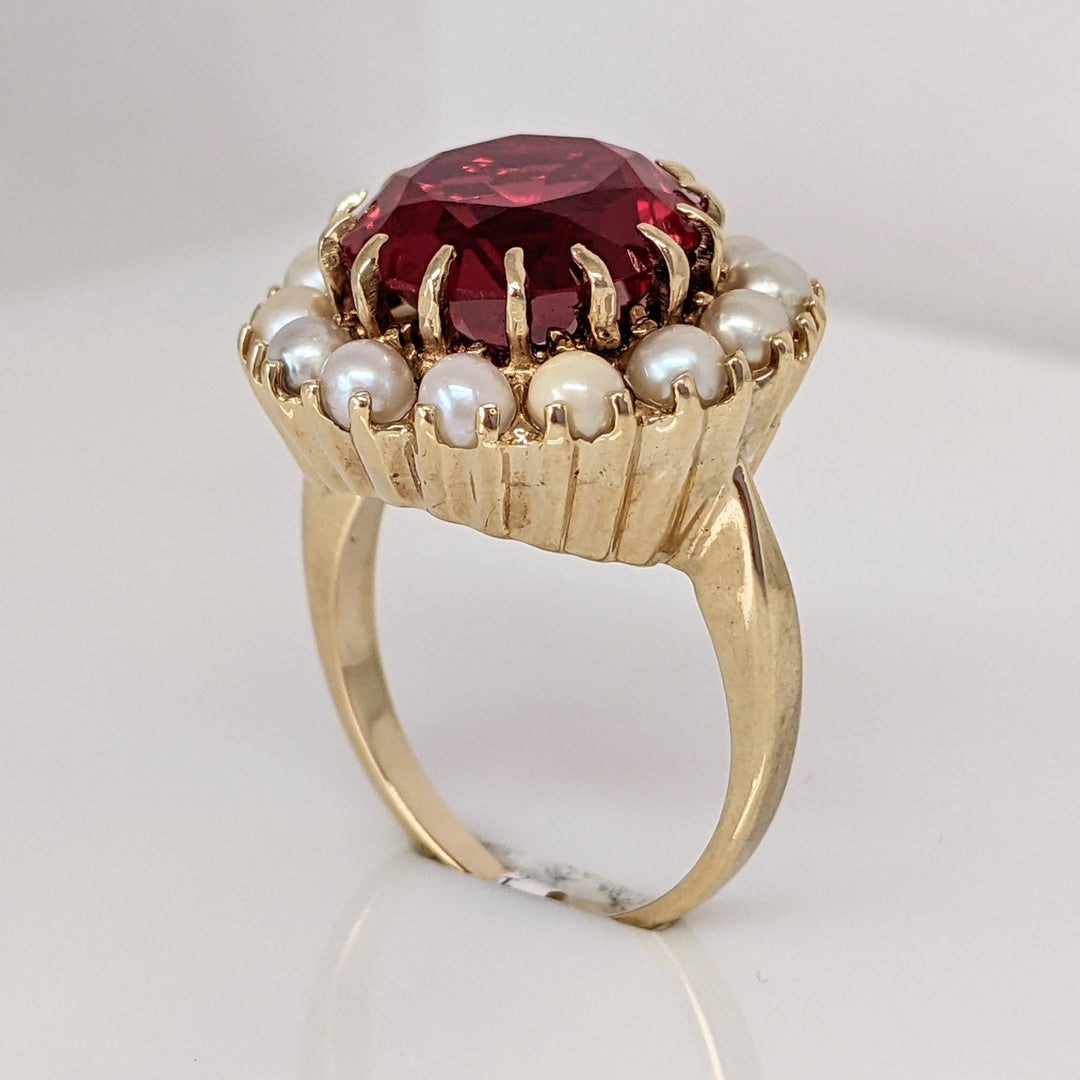 14K SYNTHETIC RUBY ROUND 12MM WITH (14) CULTURED PEARLS ESTATE RING 8.5 GRAMS
