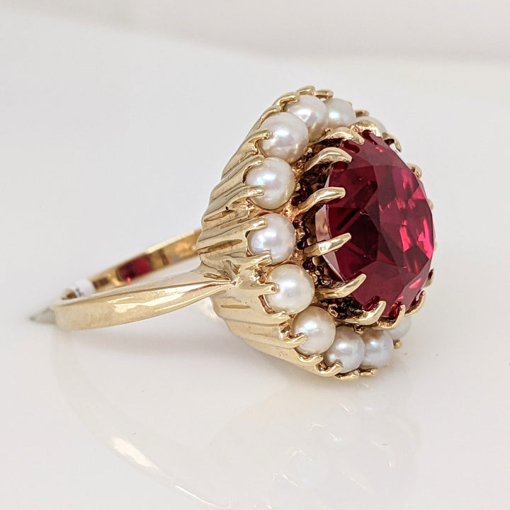 14K SYNTHETIC RUBY ROUND 12MM WITH (14) CULTURED PEARLS ESTATE RING 8.5 GRAMS