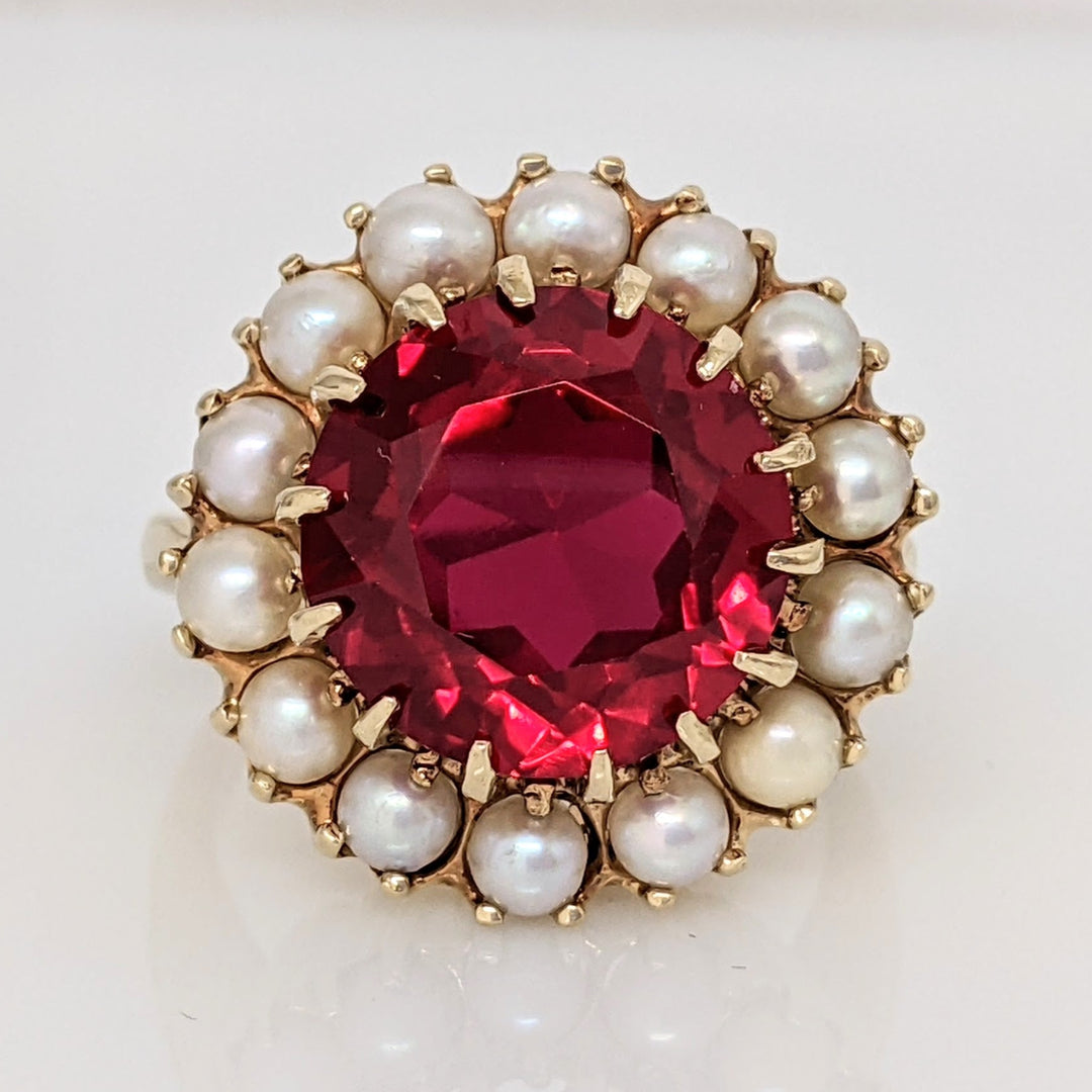 14K SYNTHETIC RUBY ROUND 12MM WITH (14) CULTURED PEARLS ESTATE RING 8.5 GRAMS