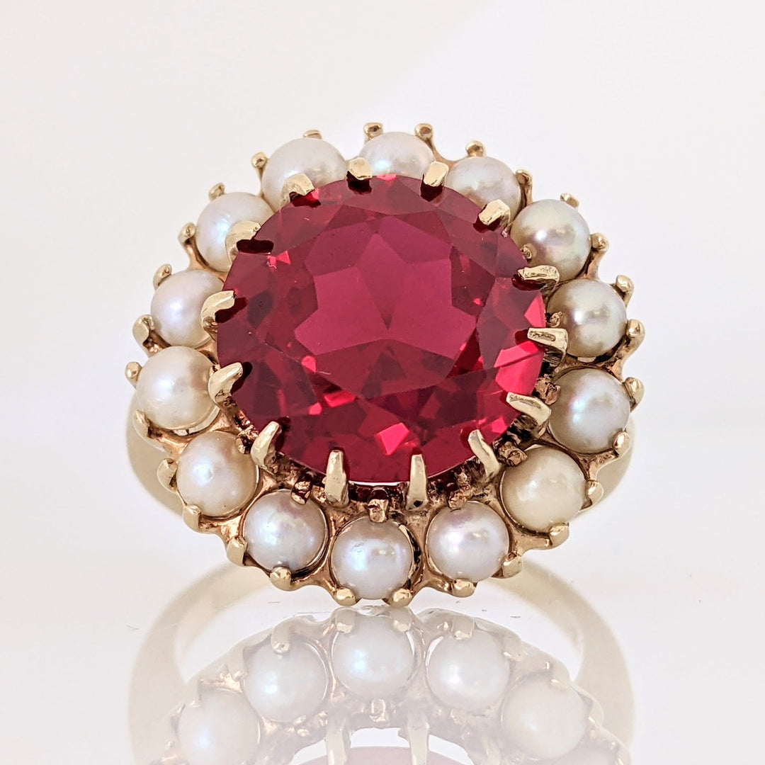 14K SYNTHETIC RUBY ROUND 12MM WITH (14) CULTURED PEARLS ESTATE RING 8.5 GRAMS
