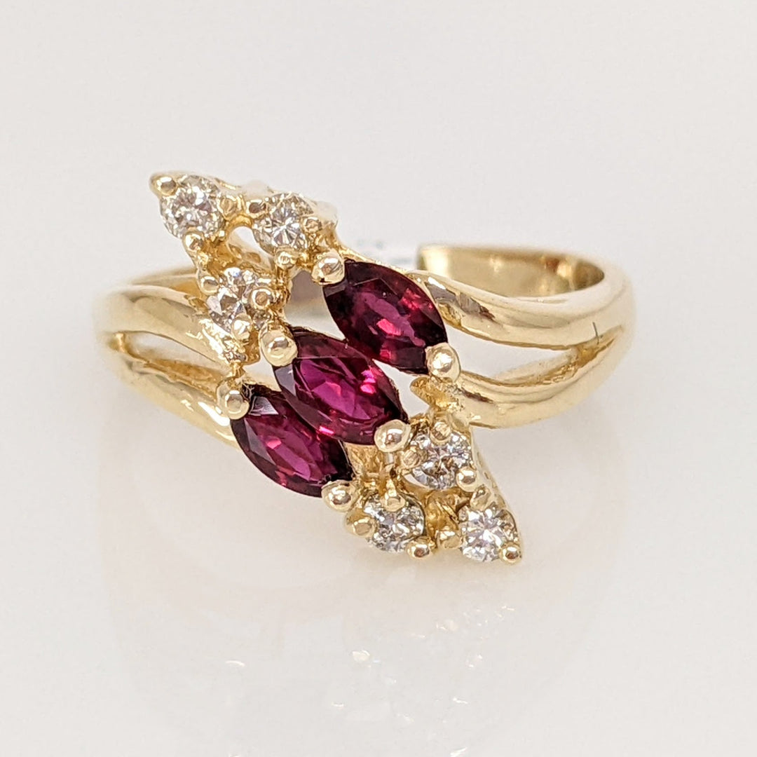 14K RUBY MARQUISE (3) 2.5X4 WITH .12 DIAMOND TOTAL WEIGHT I1 I (6) ROUND ESTATE RING 3.1 GRAMS