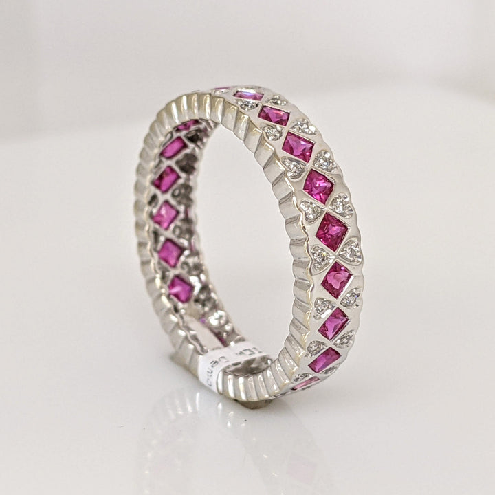 14K WHITE RUBY .99 CARAT TOTAL WEIGHT PRINCESS CUT WITH .14 CARAT TOTAL WEIGHT ESTATE BAND 3.9 GRAMS