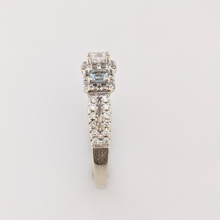 14K WHITE .64 CARAT TOTAL WEIGHT I1 I DIAMOND PRINCESS CUT (1) ROUND (54) AQUAMARINE (2) ESTATE RING 4.1 GRAMS