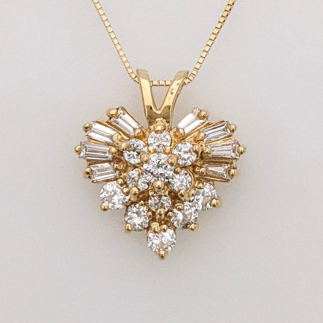 14K 1.00 CARAT TOTAL WEIGHT SI2 H DIAMOND ROUND (12) BAGUETTE (8) ESTATE HEART PENDANT & CHAIN 4.3 GRAMS