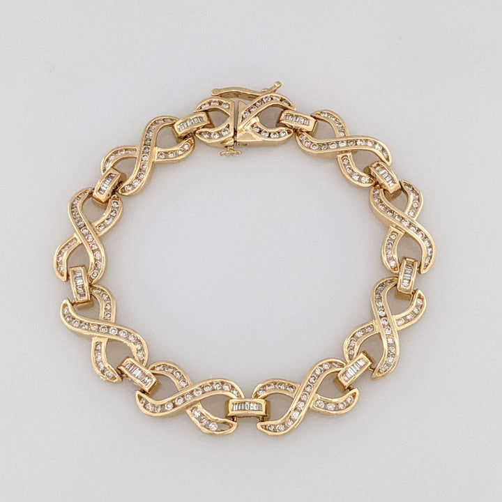14K 2.13 CARAT TOTAL WEIGHT SI2 I DIAMOND ROUND/ BAGUETTE (213) ESTATE INFINITY BRACELET 16.1 GRAMS